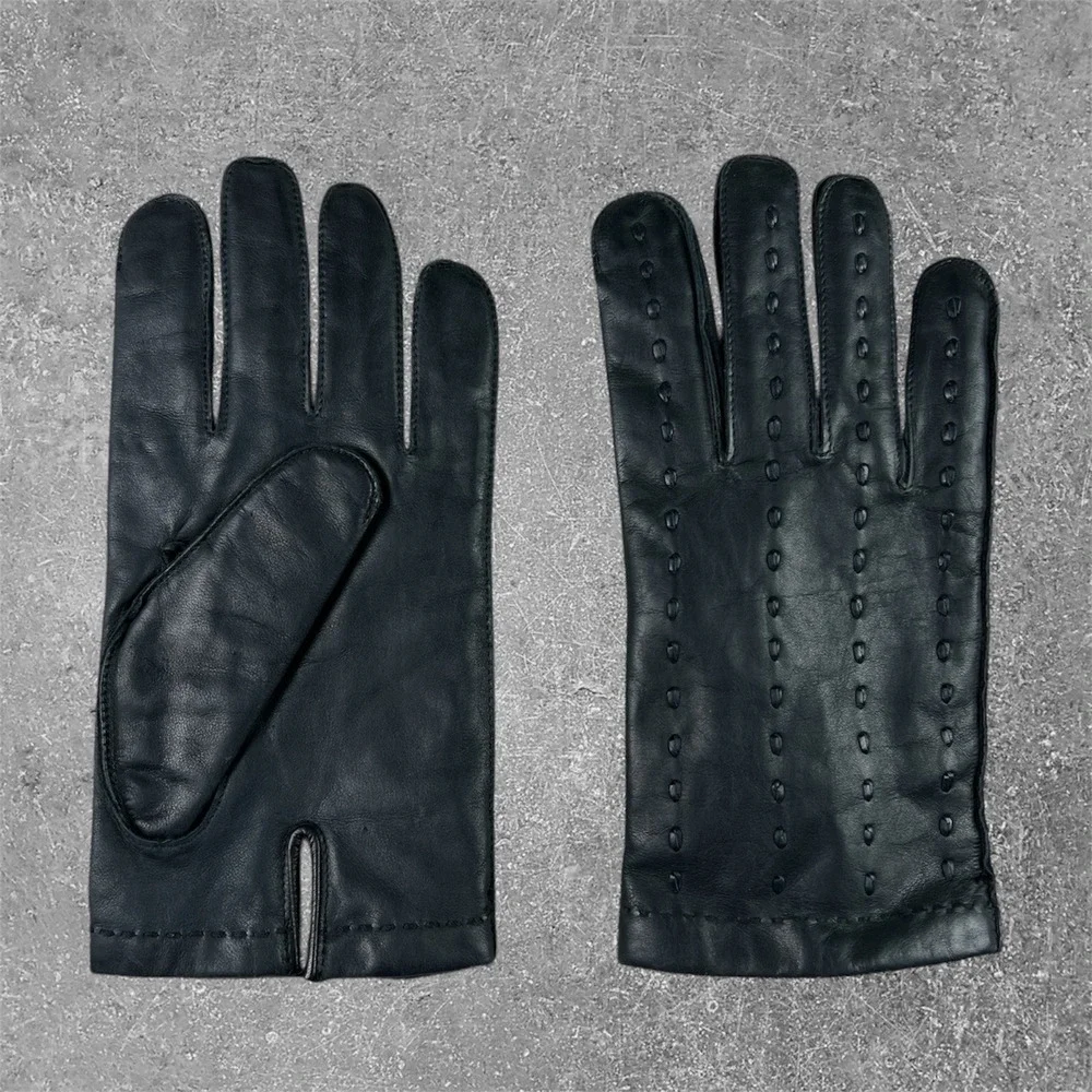 Vintage Black Genuine Leather Driving Gloves Lined Pintuck Detail Women Size 10